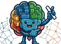 Mascota de NEUROCONECTA: un cerebro de bloques de colores que enseña con el dedo en alto